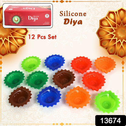 Colorful silicone Diwali diyas in an attractive design, 12-piece home decor set by Wukusy showcasing vibrant, decorative diya combo.