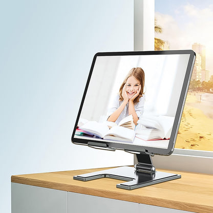 Wukusy adjustable aluminum desktop stand holding a smartphone for hands-free viewing and easy access.