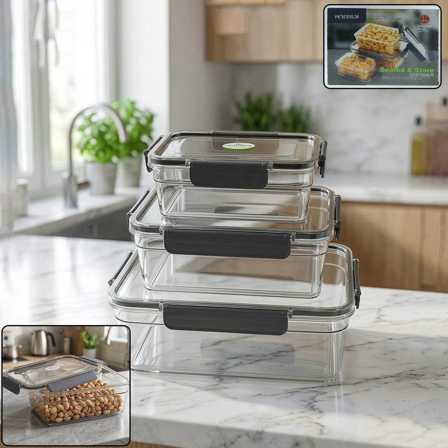 Wukusy plastic airtight food storage container set with three BPA-free containers in 750ml, 1500ml, and 2800ml sizes for kitchen use