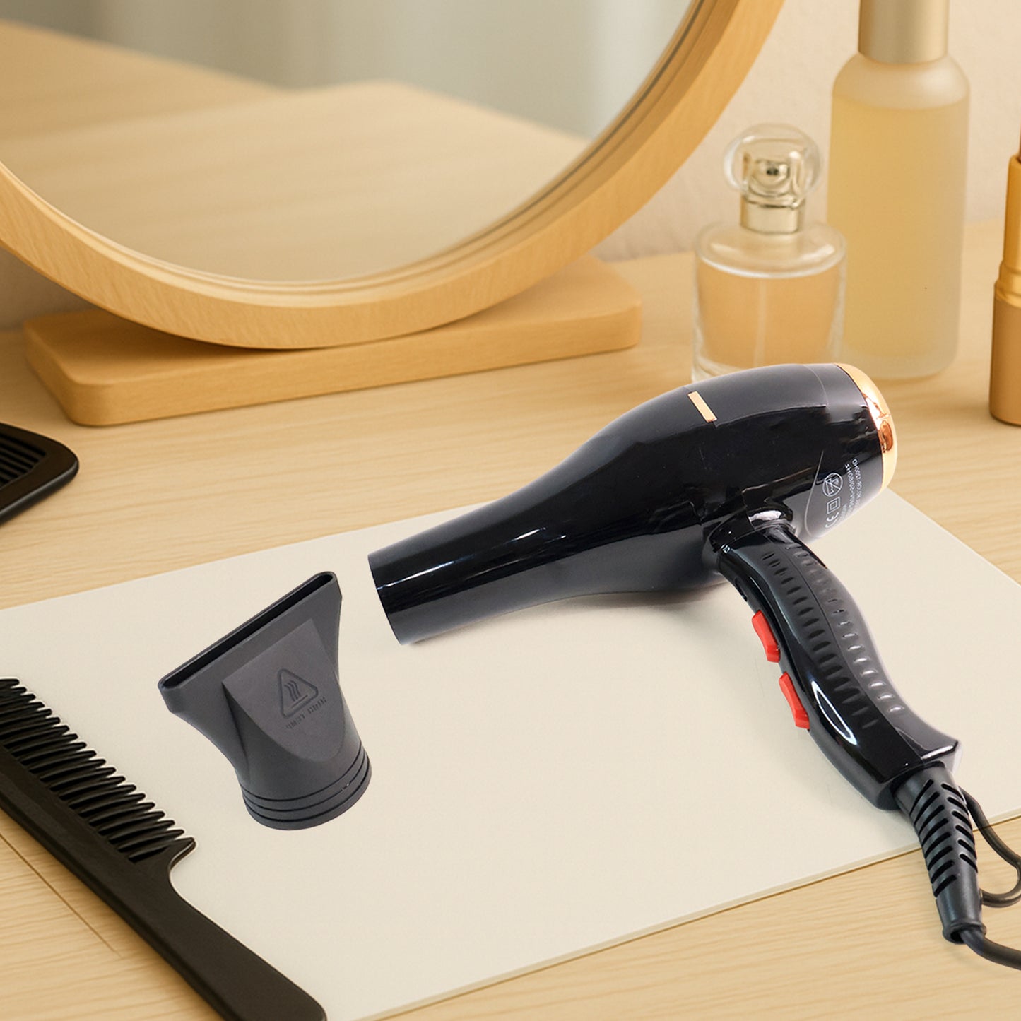 Wukusy Orbit Professional Electric Hair Dryer with concentrator nozzle, black and silver design, on a white background.