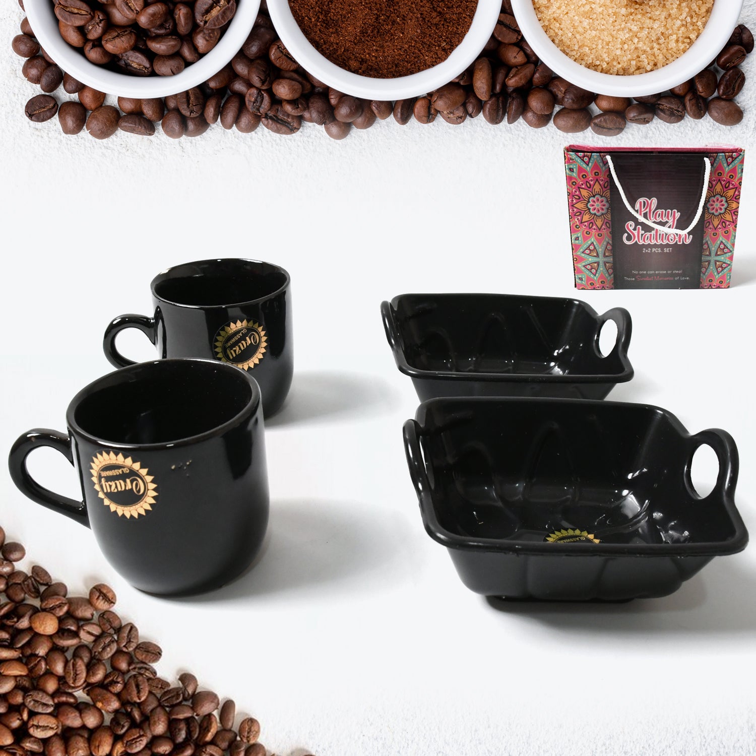 Set of four Wukusy PlayStation ceramic tea cups and mugs with handles, including serving bowl, milk cup, and coffee cups for household use.