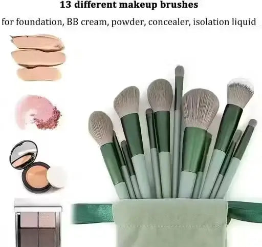 Set of 13 green Ekom professional makeup brushes with a beauty blender for all-over beauty application.