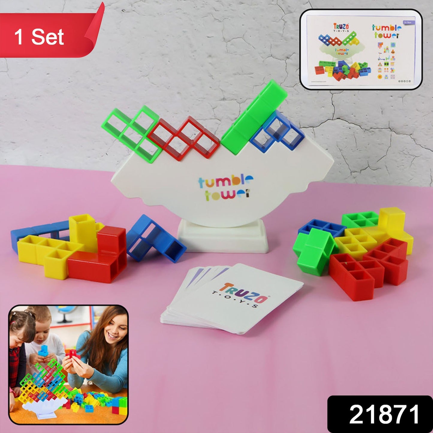 Wukusy Tumble Tower balancing blocks game set with wooden blocks stacked in a tower for fun, skill, and coordination.