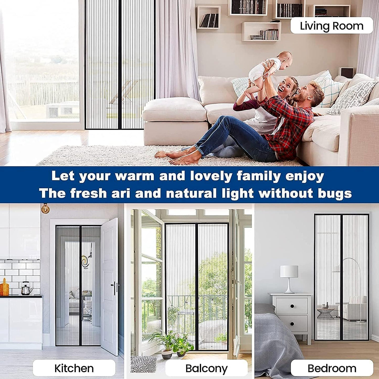 Wukusy Magic Mesh hands-free screen door with mesh panels for easy, instant opening and closing in a home doorway.