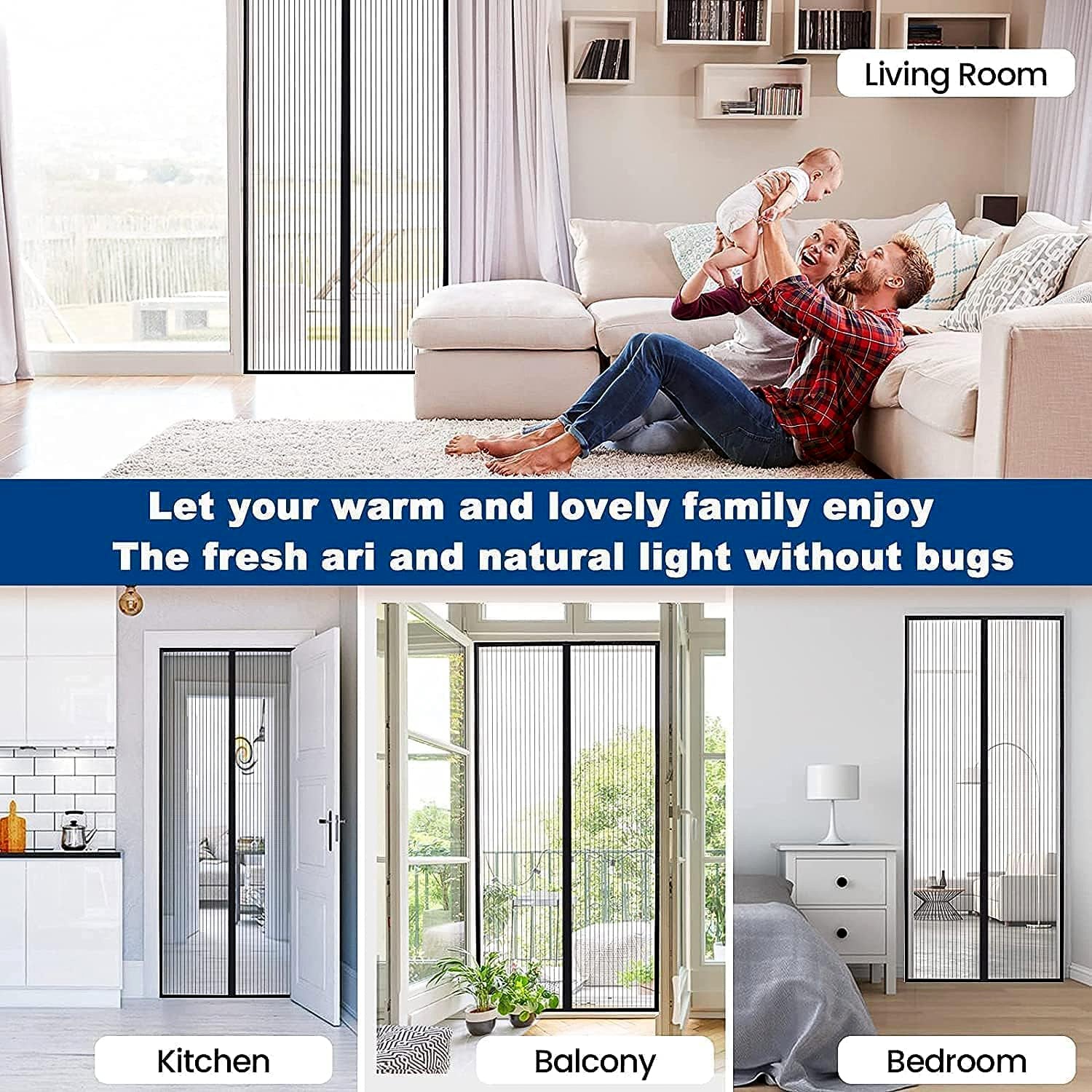 Wukusy Magic Mesh hands-free screen door with mesh panels for easy, instant opening and closing in a home doorway.