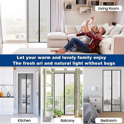 Wukusy Magic Mesh hands-free screen door with mesh panels for easy, instant opening and closing in a home doorway.