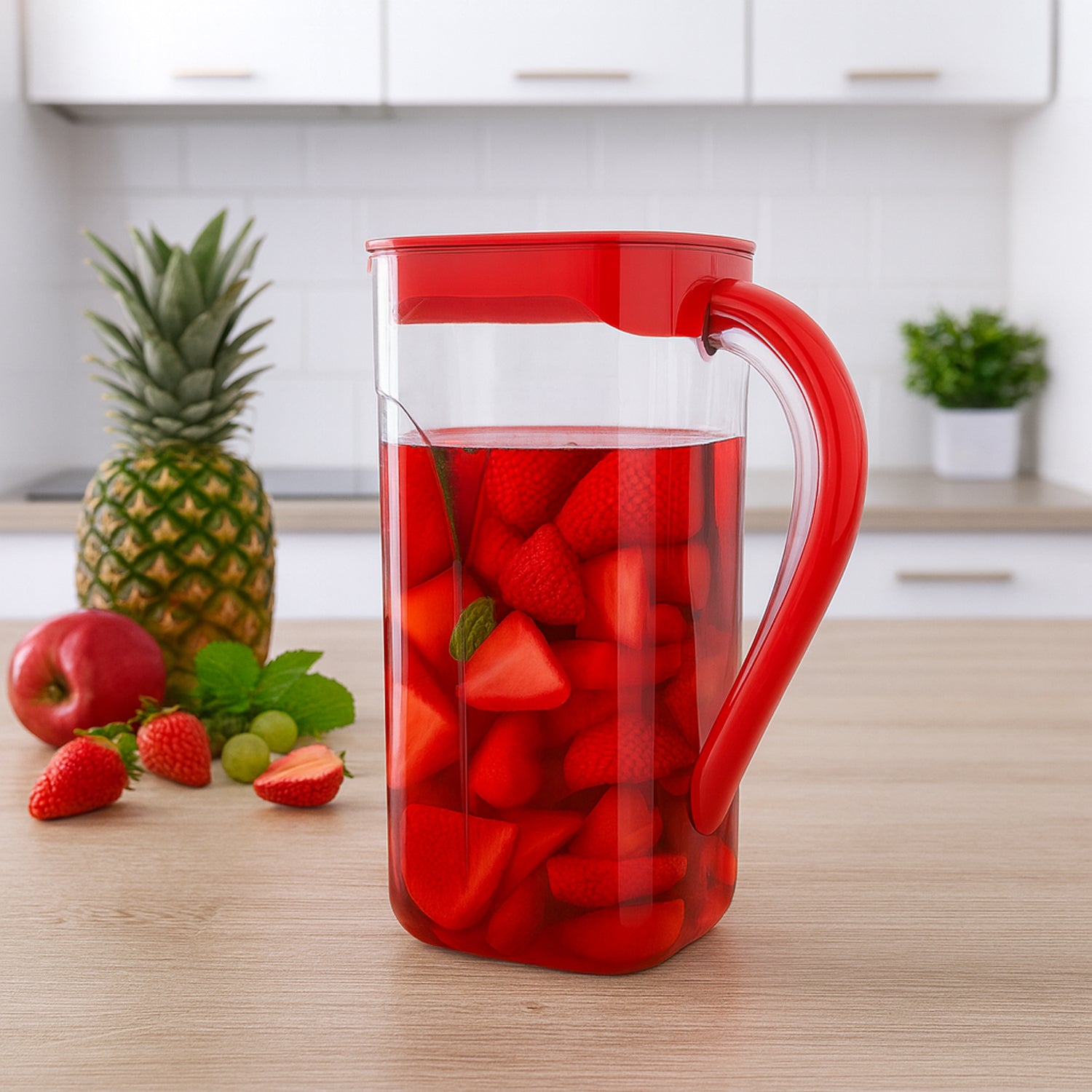 Wukusy Supermom plastic H2O juice jug in 1500ml capacity, clear container for water or juice in a home kitchen setting.
