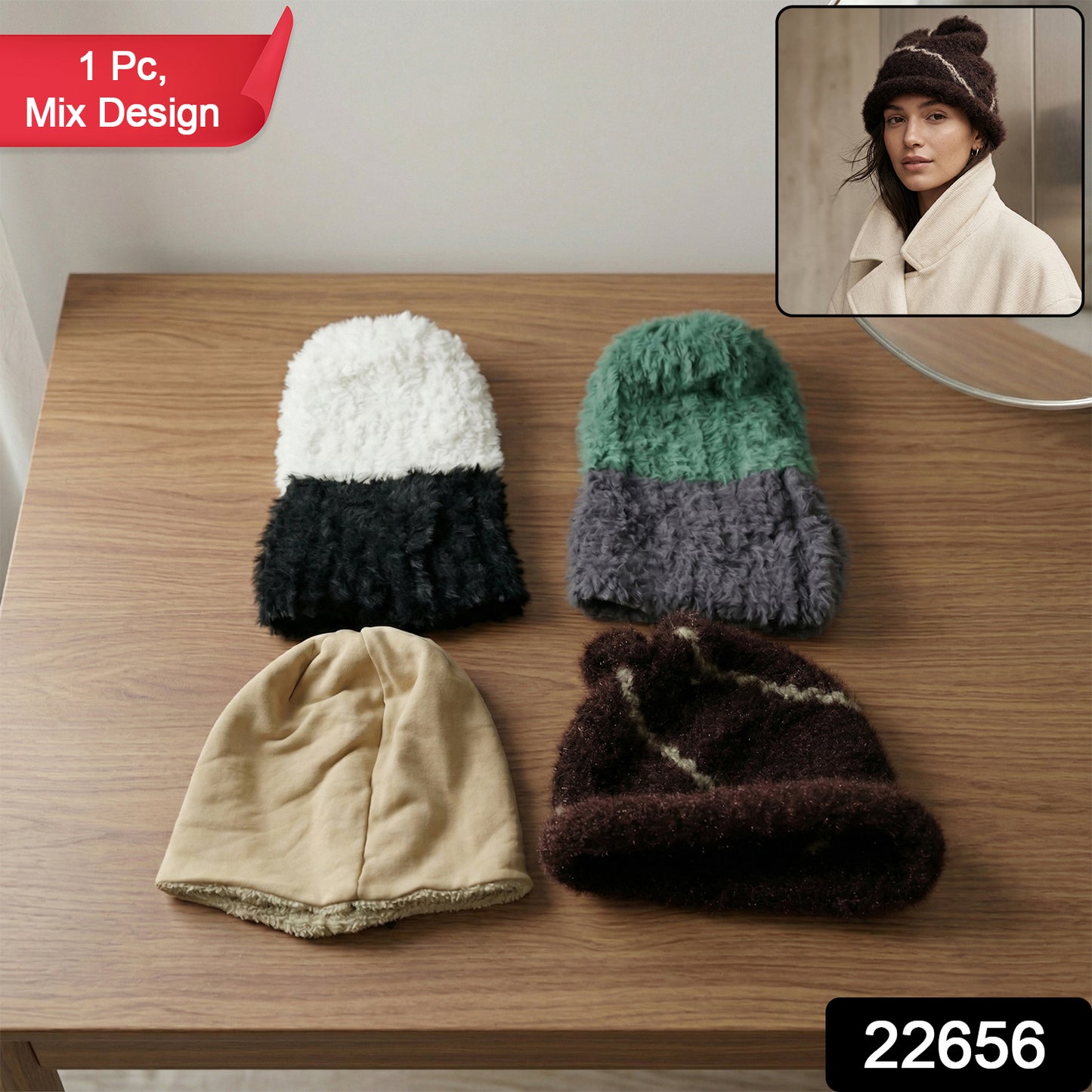 Wukusy winter warm woolen beanie cap for men and women with mixed design, cozy knit hat for cold weather.