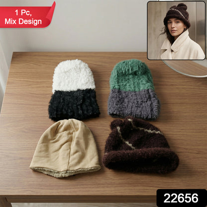 Wukusy winter warm woolen beanie cap for men and women with mixed design, cozy knit hat for cold weather.