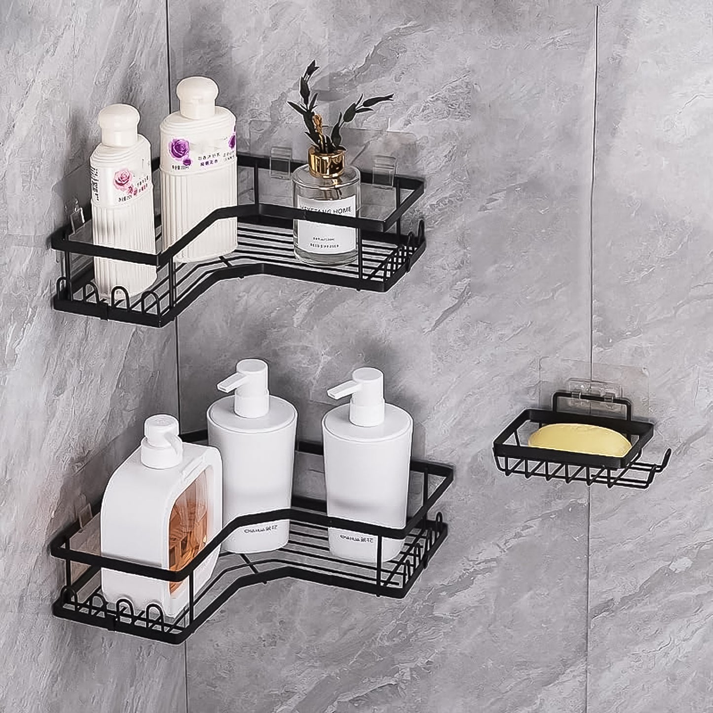 Wukusy iron coating self-adhesive corner shelf organizer set of two mounted on wall, showing sleek black finish and compact design.