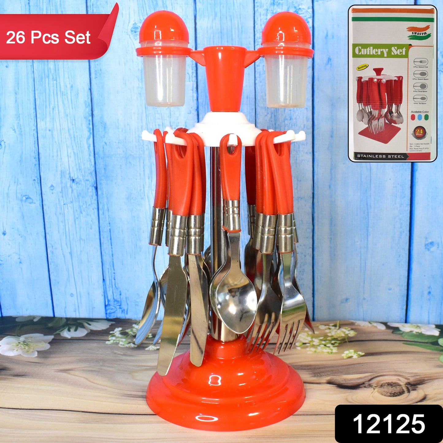 Wukusy luxury stainless steel 26-piece cutlery set with stand for dining table, includes knives, forks, spoons, and serving utensils.