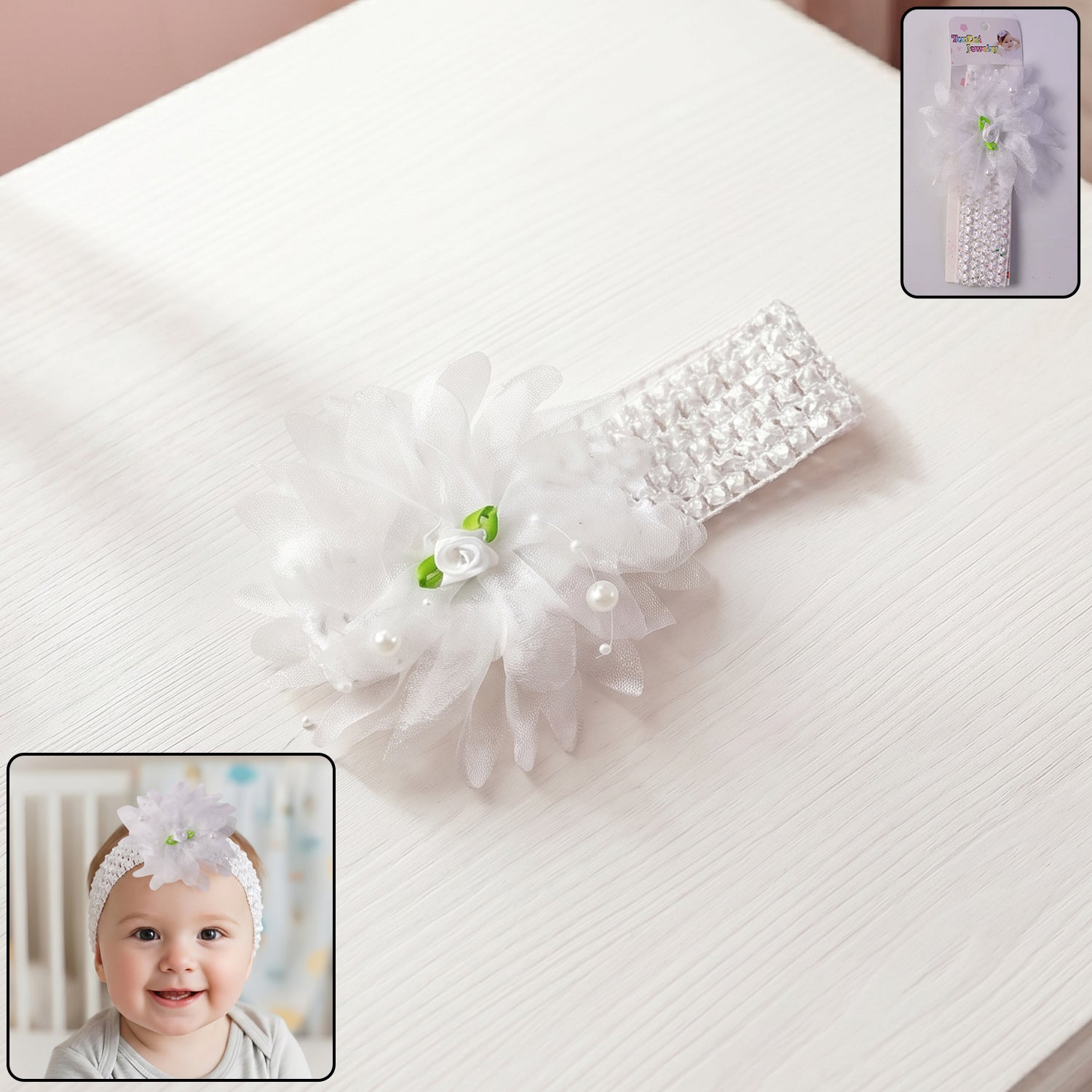 Soft elastic floral baby headband by Wukusy featuring a cute, stretchable design perfect for stylish baby hair accessories.