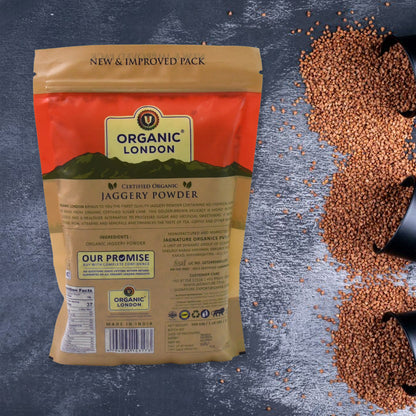 Organic Wukusy Jaggery Powder 500g in a clear plastic bag with a golden-brown color and natural texture.