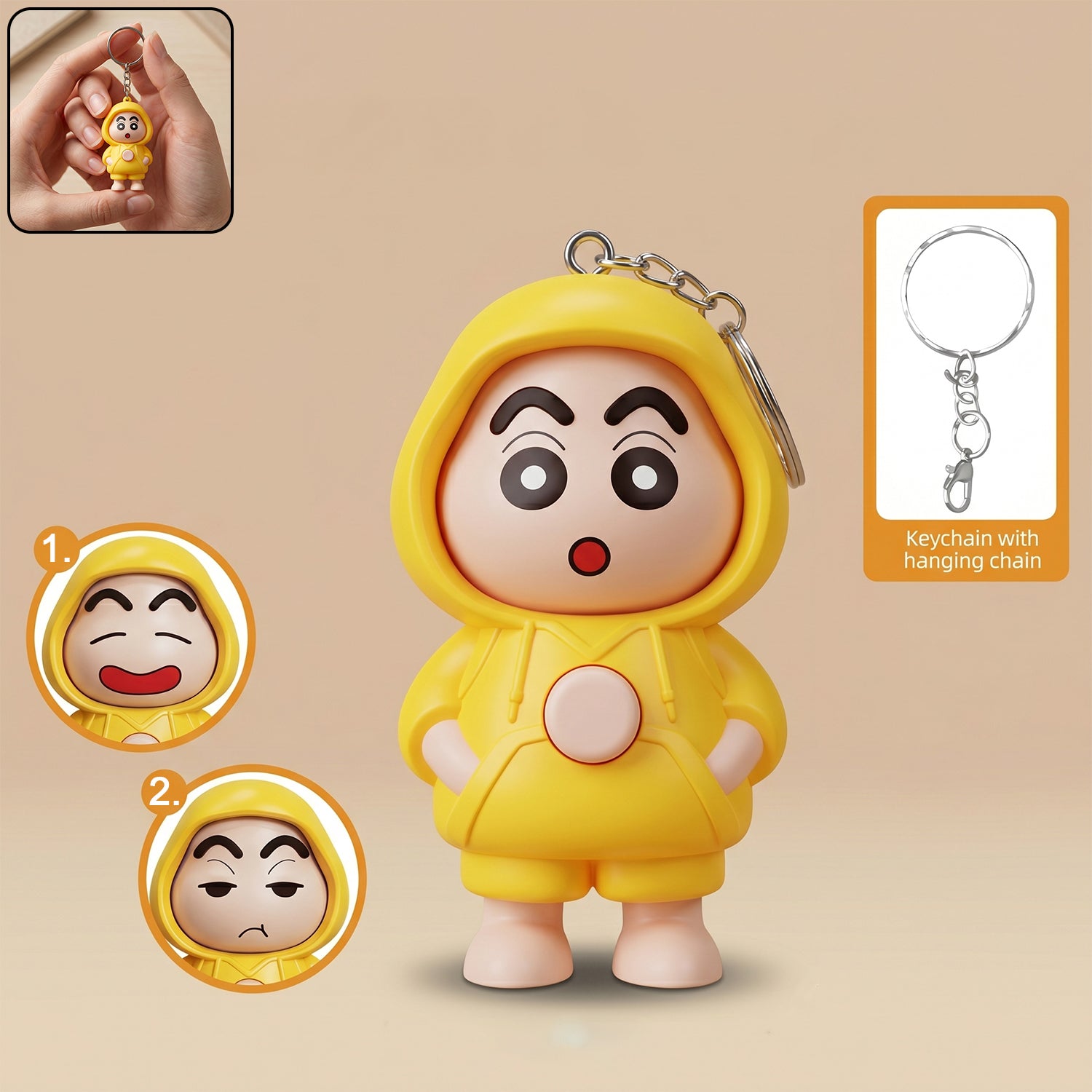 Wukusy cute face-changing doll keychain toy showing a playful, animated face with bright colors and a keyring attachment.