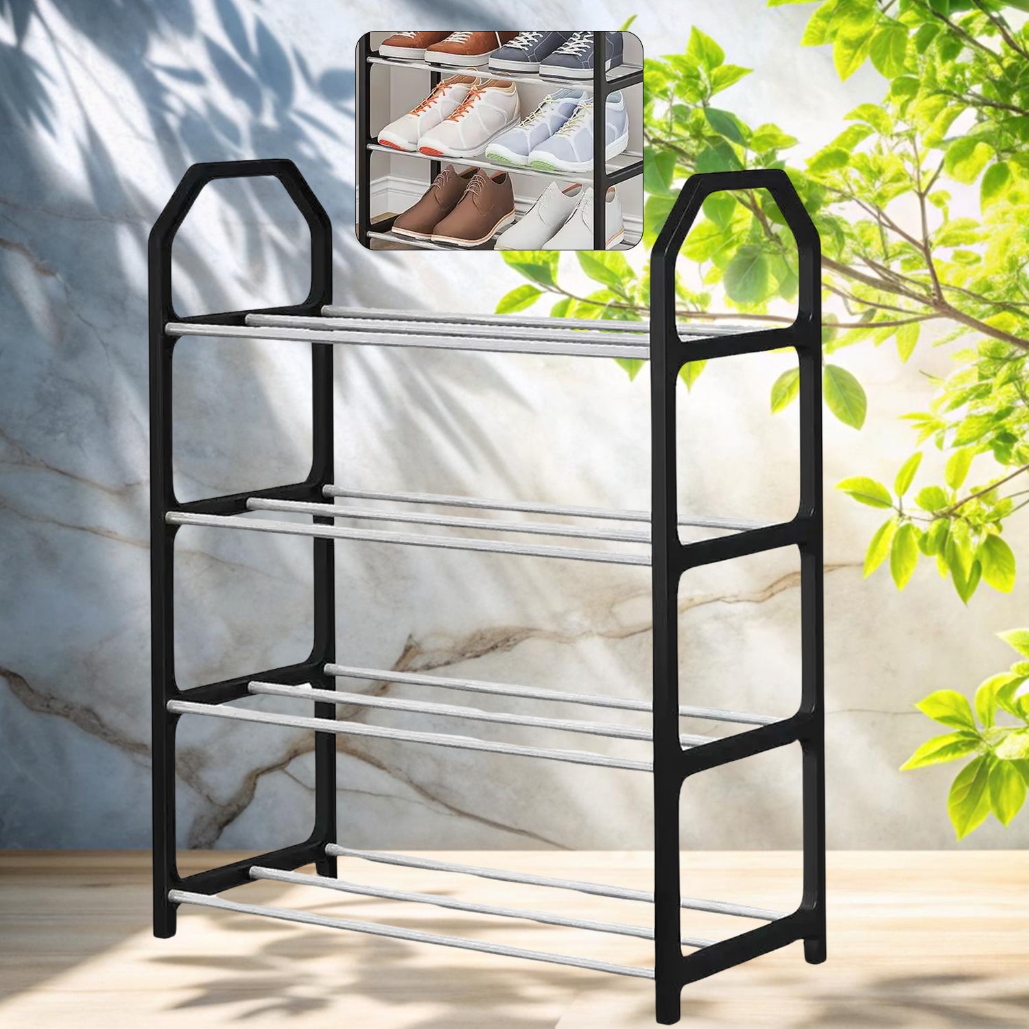 Wukusy 4-layer space-saving folding shoe rack with shoes organized on each tier, ideal for home shoe storage.