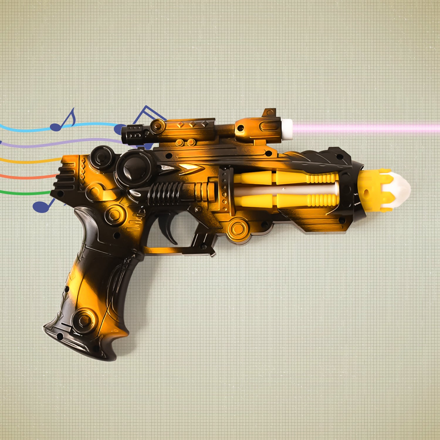 Wukusy Ttg LED laser gun toy with flashing lights and sound, battery-operated space blaster for kids, in vibrant colors.
