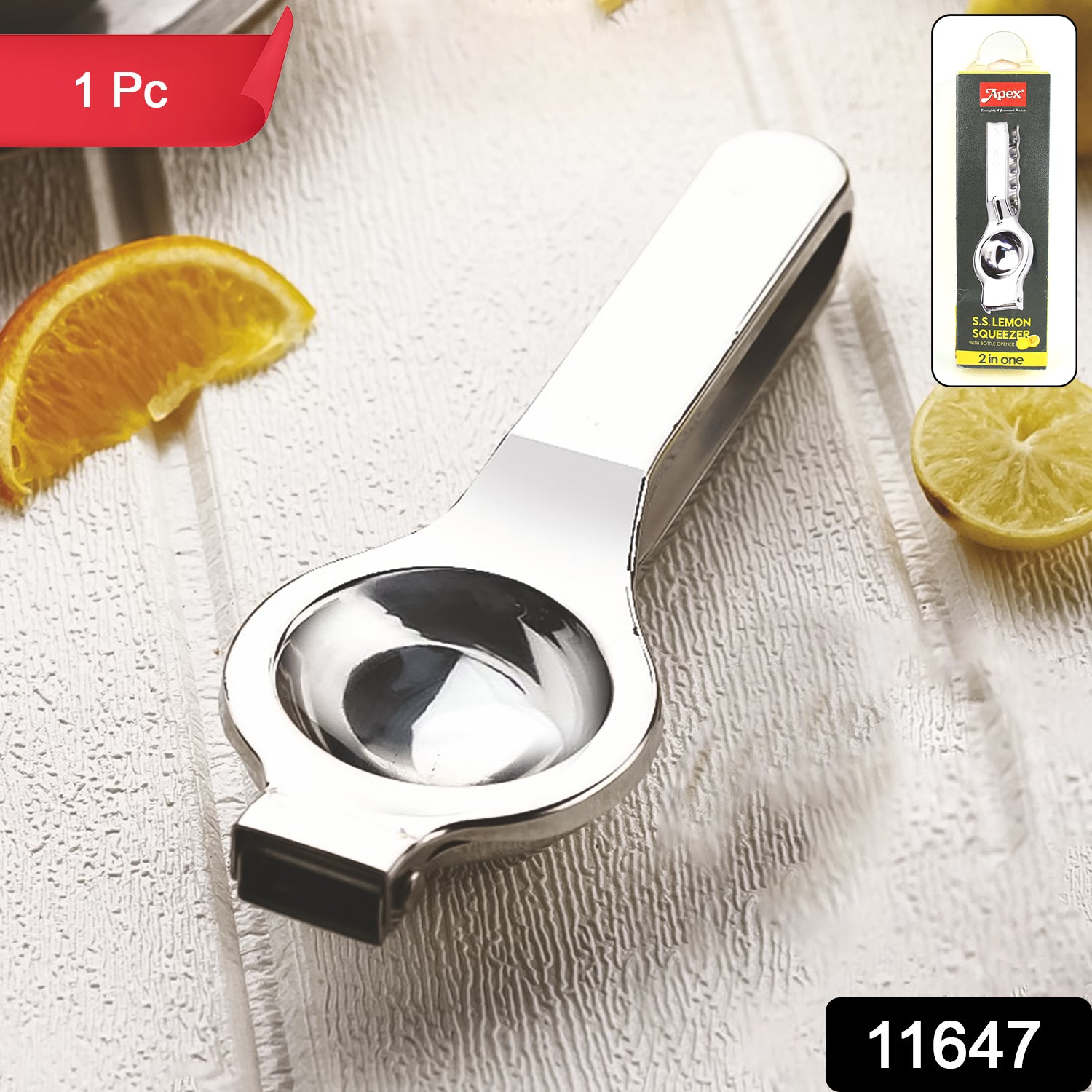 Wukusy Apex heavy-duty stainless steel lemon press squeezer on a kitchen countertop showing the handle and juicing bowl