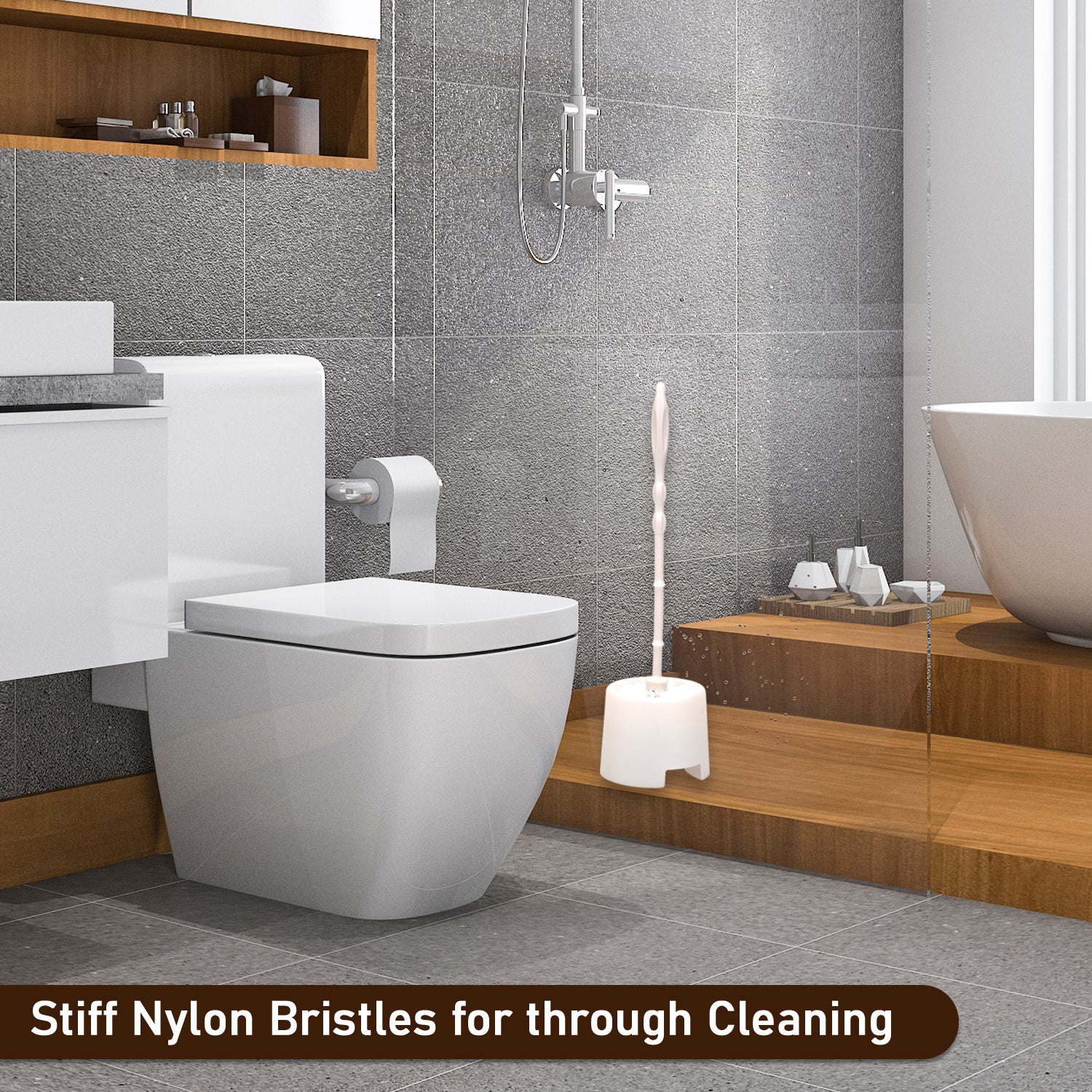 Wukusy 6615 toilet cleaning brush with potted holder, white brush with blue handle in ceramic holder for bathroom cleaning.