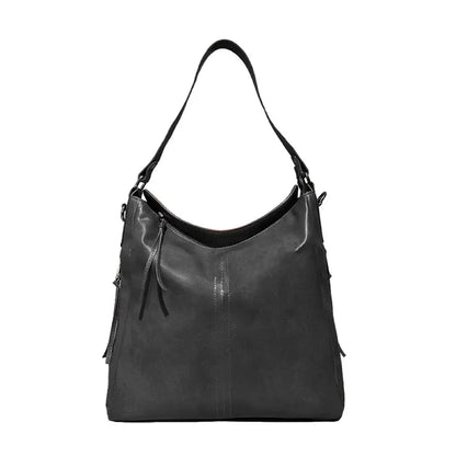 Black vegan leather shoulder bag with adjustable strap, designed for camping and hiking; spacious, water-resistant, lightweight.