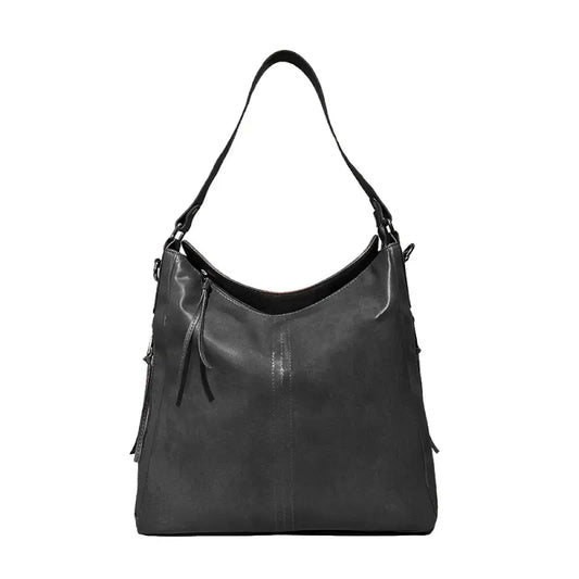 Black vegan leather shoulder bag with adjustable strap, designed for camping and hiking; spacious, water-resistant, lightweight.