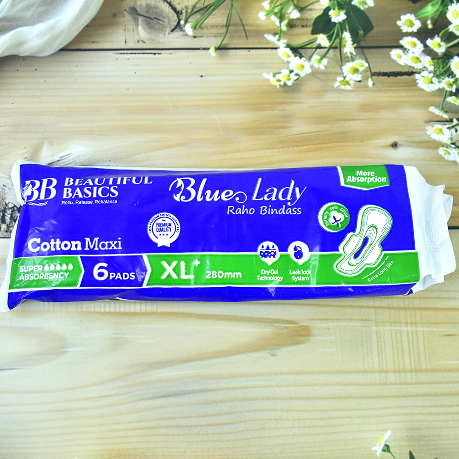 Six Wukusy Beautiful Basics Blue Lady sanitary pads, XL 280mm, used for feminine health and protection.