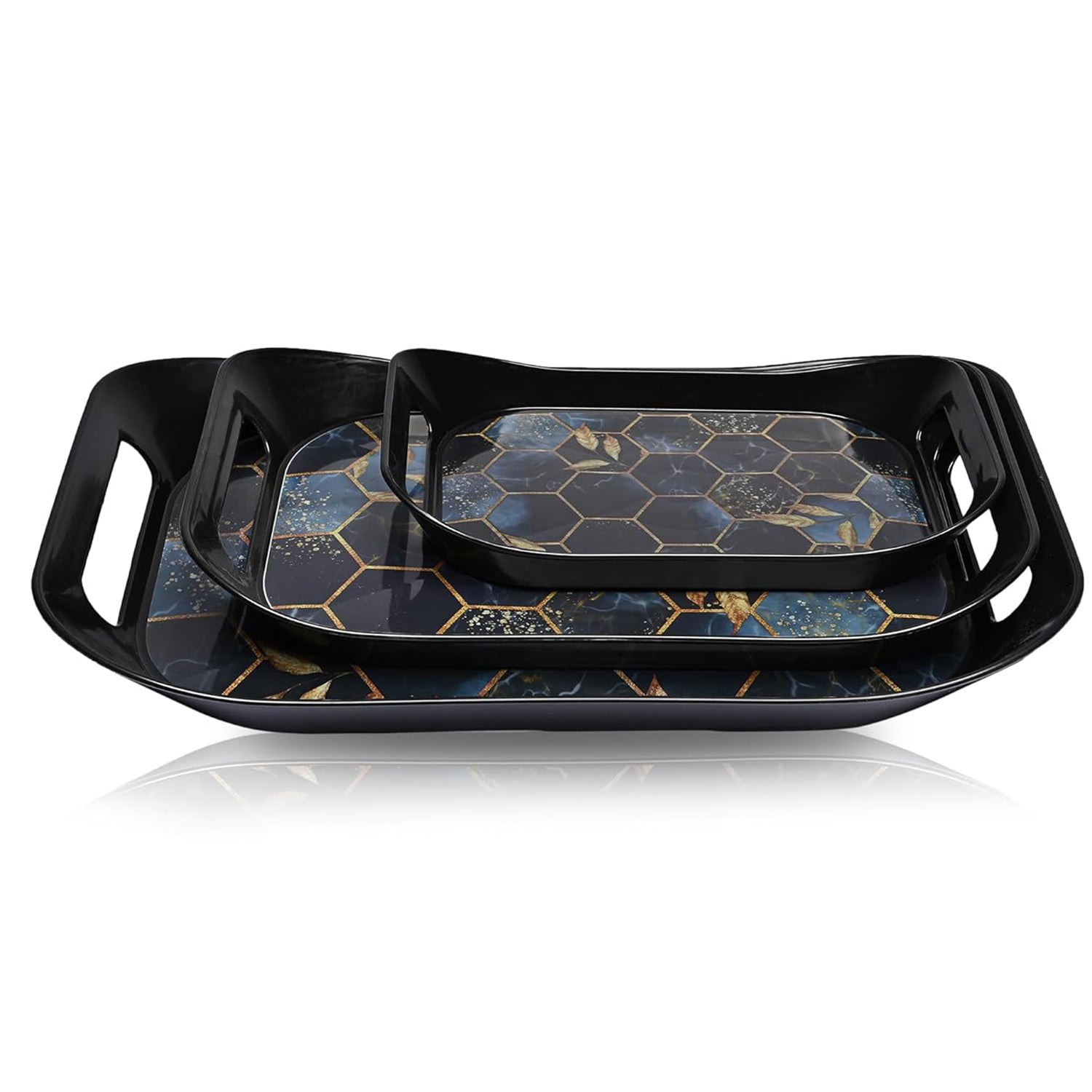 Set of three Wukusy premium plastic serving trays in various sizes, ideal for serving food and drinks.
