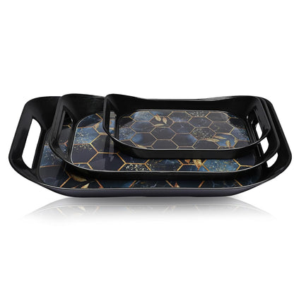 Set of three Wukusy premium plastic serving trays in various sizes, ideal for serving food and drinks.