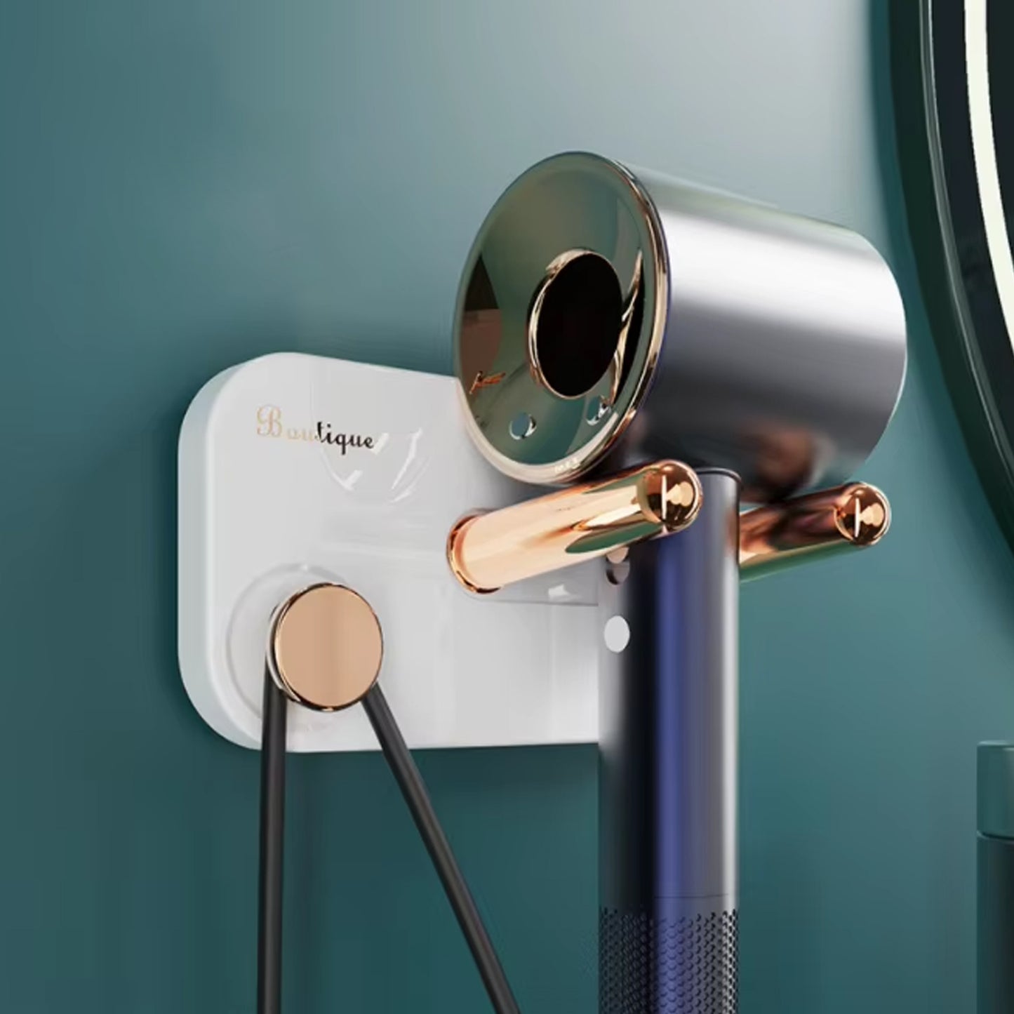 Wukusy wall mount hair dryer holder with self-adhesive backing, designed for convenient storage and organization of hair dryers.