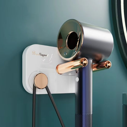 Wukusy wall mount hair dryer holder with self-adhesive backing, designed for convenient storage and organization of hair dryers.