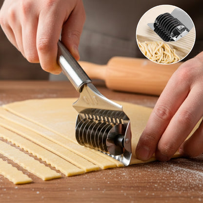 Wukusy manual multi-blade dough cutter roller with multiple sharp blades for efficient dough slicing on a clean surface