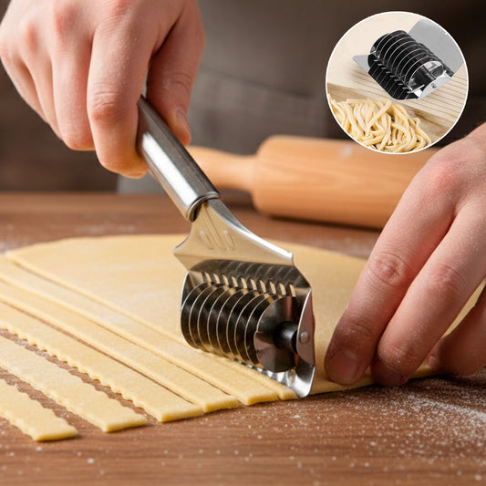 Wukusy manual multi-blade dough cutter roller with multiple sharp blades for efficient dough slicing on a clean surface