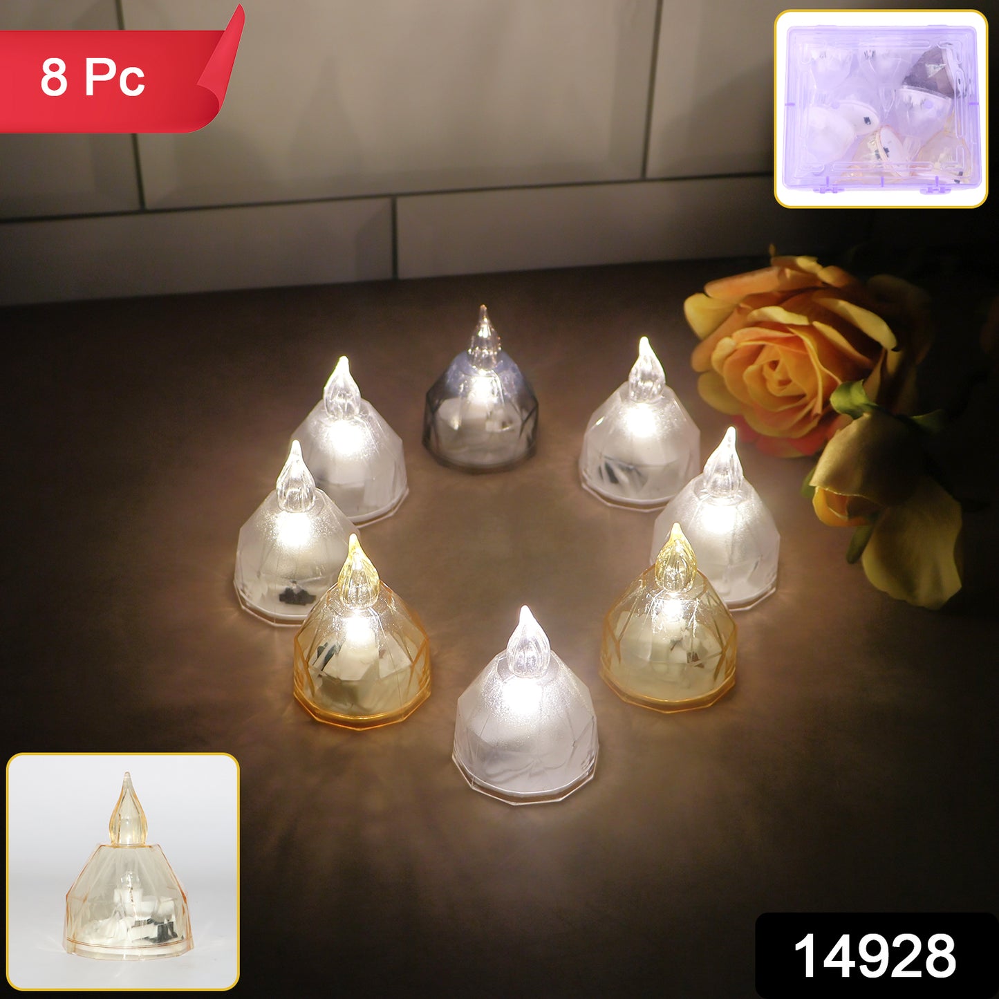 Set of 8 Wukusy LED flameless decorative diyas for home decor, featuring warm glow and intricate design.