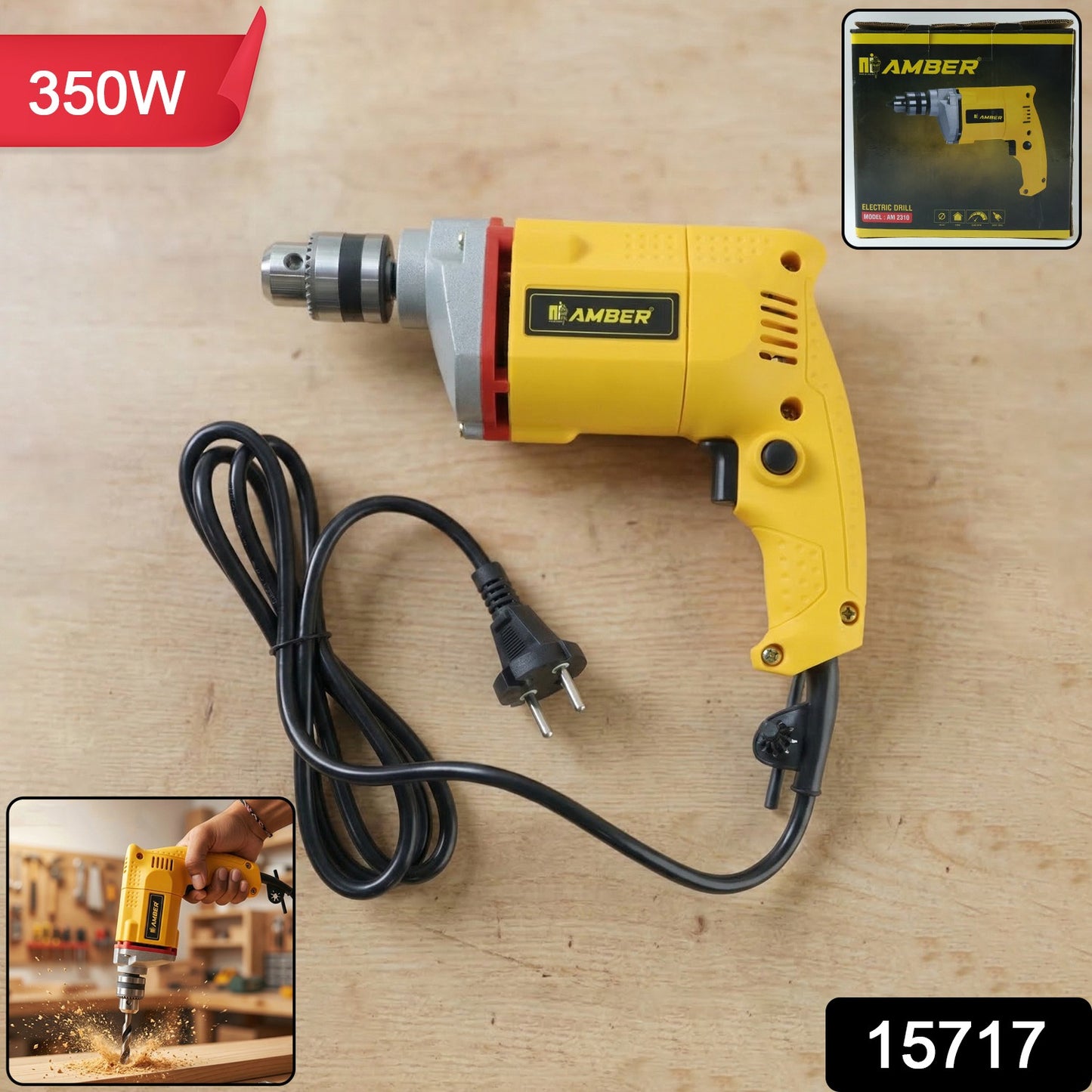 Wukusy Amber Electric Drill Am2310 with 350W motor, shown in a close-up view, featuring a black and orange design.