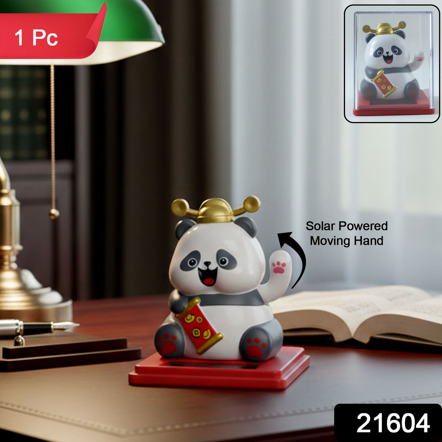 Solar powered moving hand panda showpiece by Wukusy, featuring a cute panda with a hand that moves using solar energy.