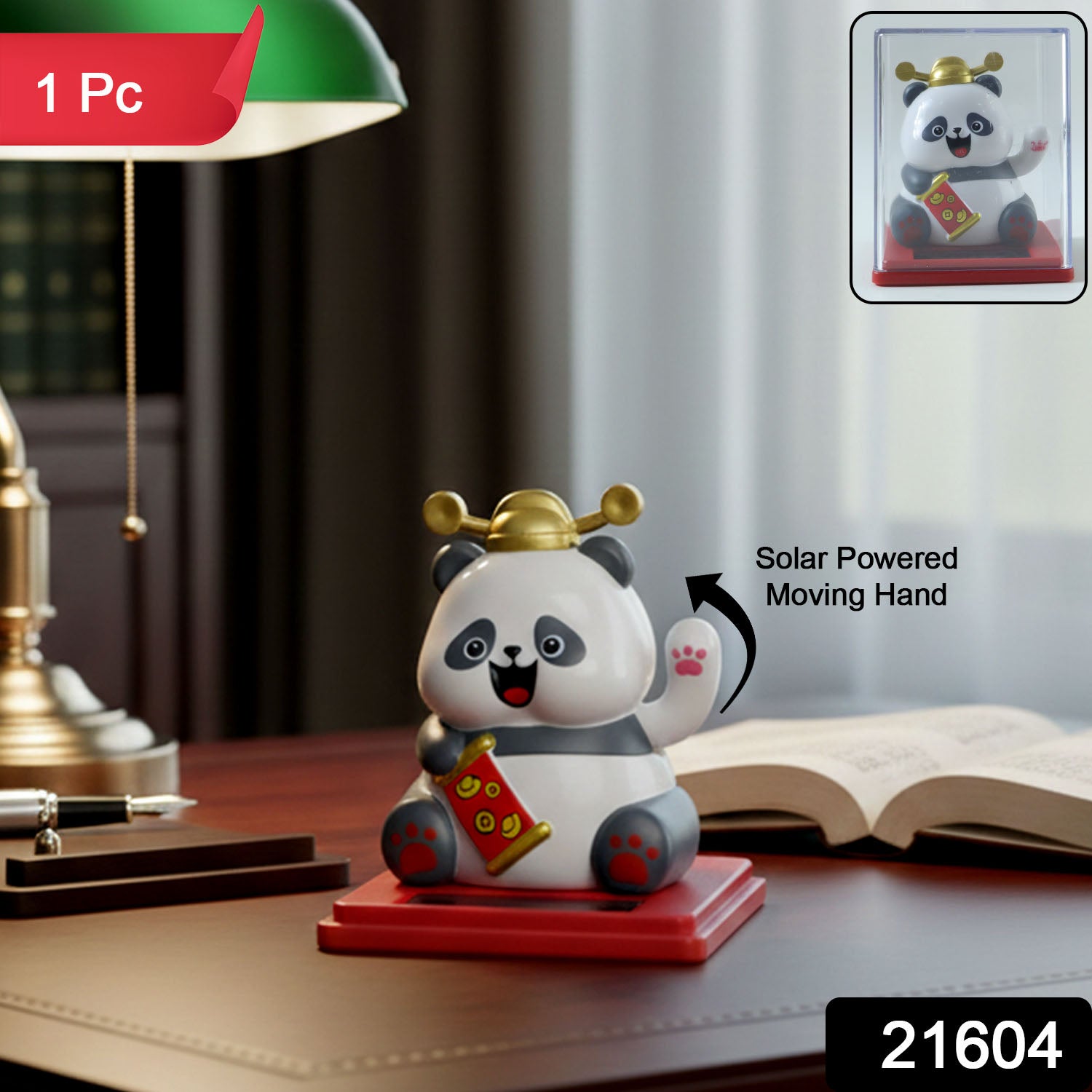 Solar powered moving hand panda showpiece by Wukusy, featuring a cute panda with a hand that moves using solar energy.