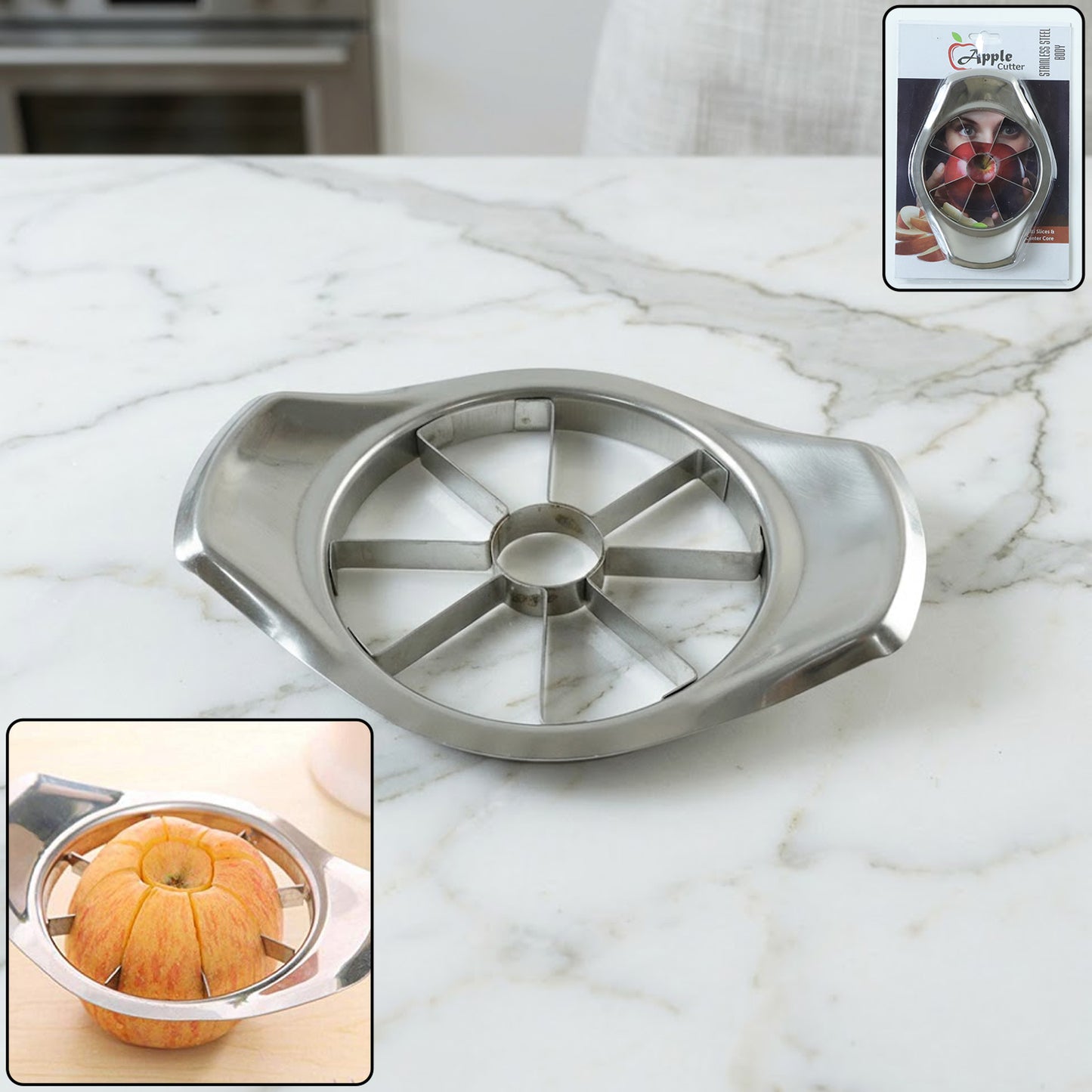 Wukusy heavy-duty stainless steel apple cutter and slicer with four sharp blades for easy apple slicing and sectioning.