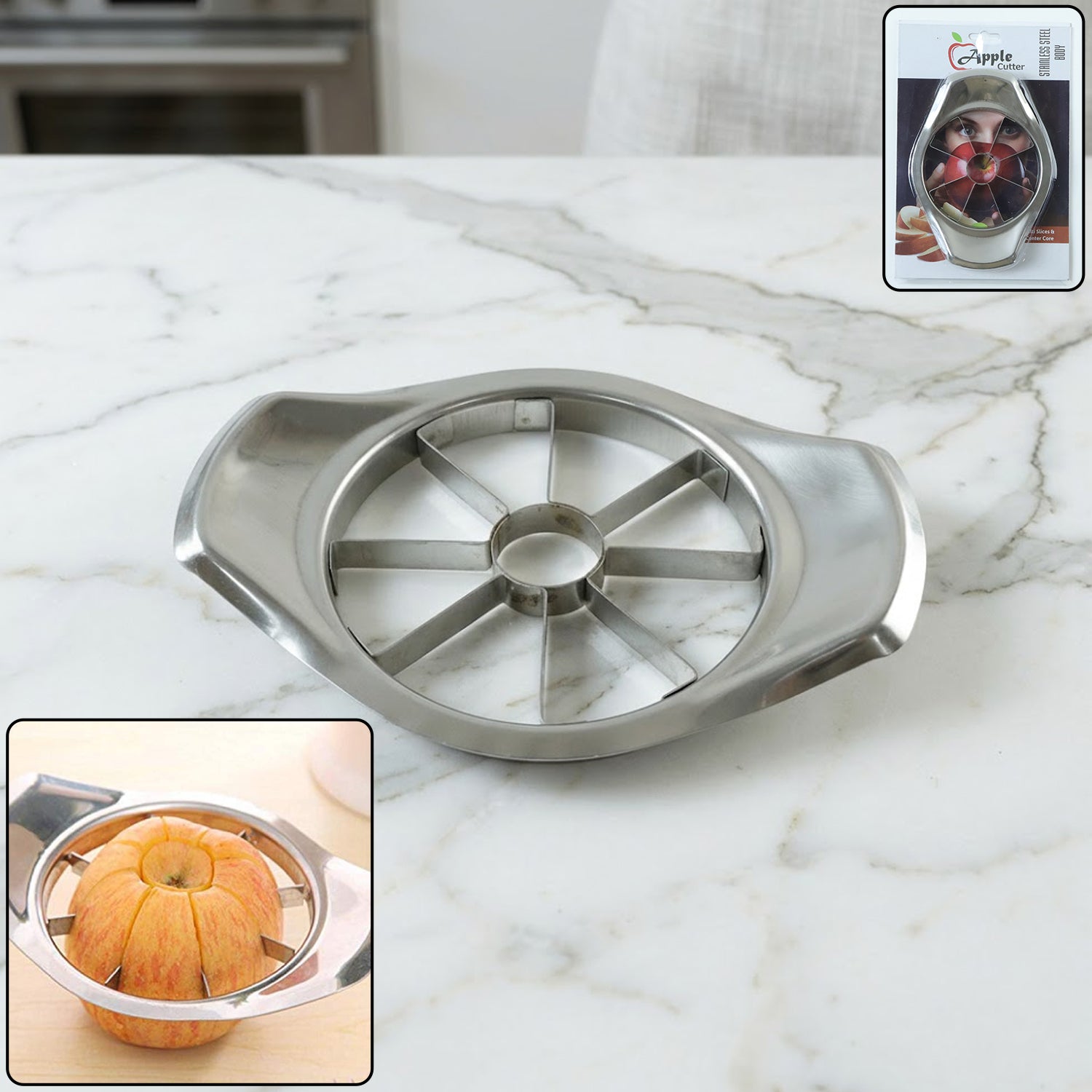 Wukusy heavy-duty stainless steel apple cutter and slicer with four sharp blades for easy apple slicing and sectioning.