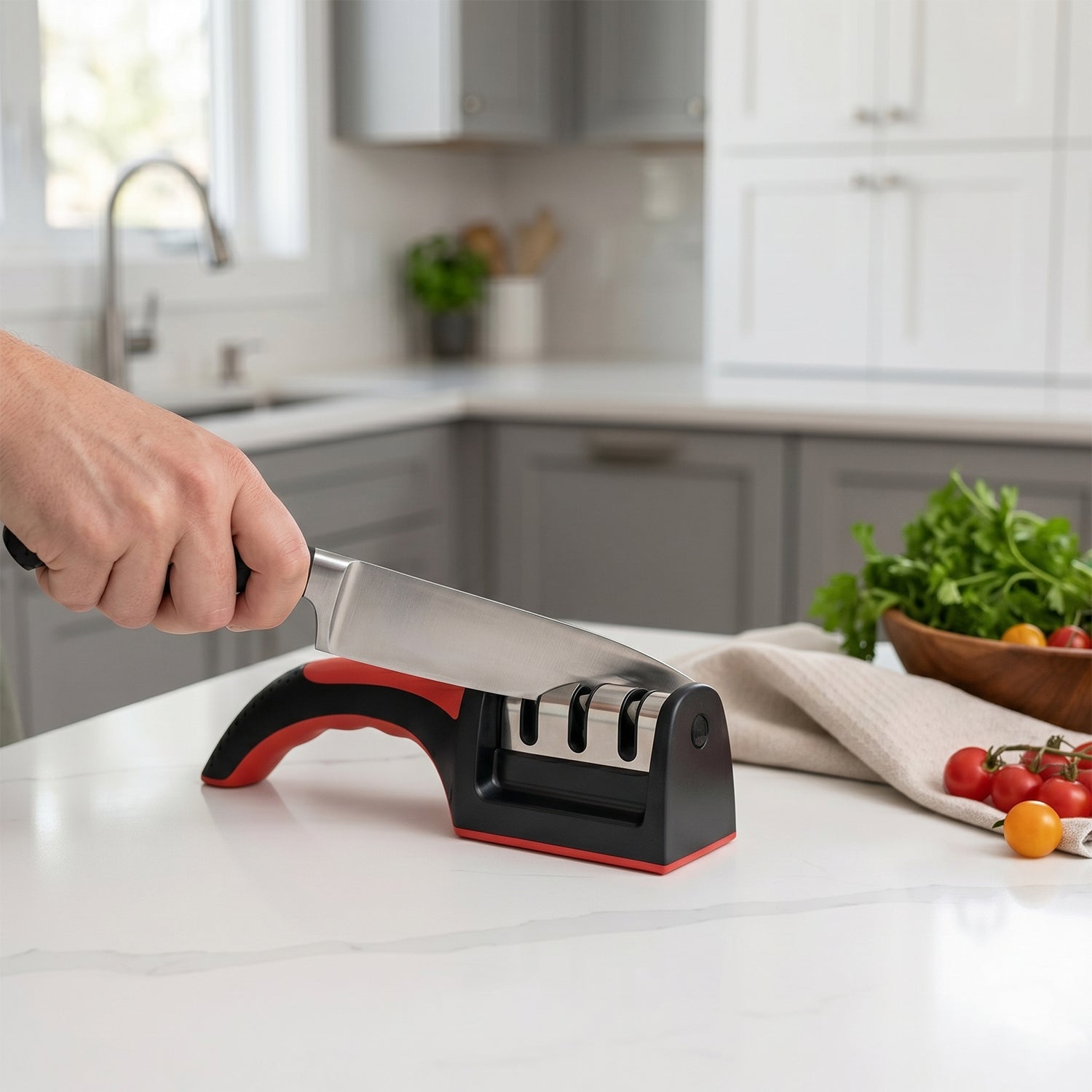 Wukusy 4-stage manual kitchen knife sharpener with non-slip base, compact and easy-to-use for precise blade sharpening.
