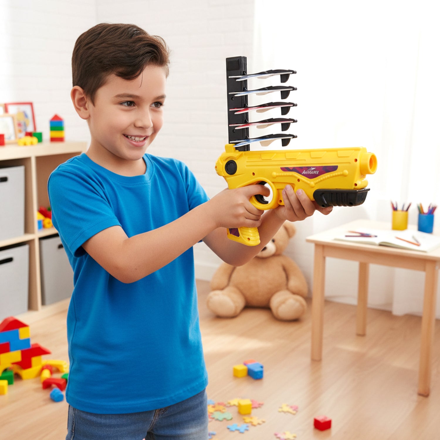 Wukusy Air Battle Plane Launcher Gun toy with foam glider set, colorful foam plane ready for kids' outdoor flying fun