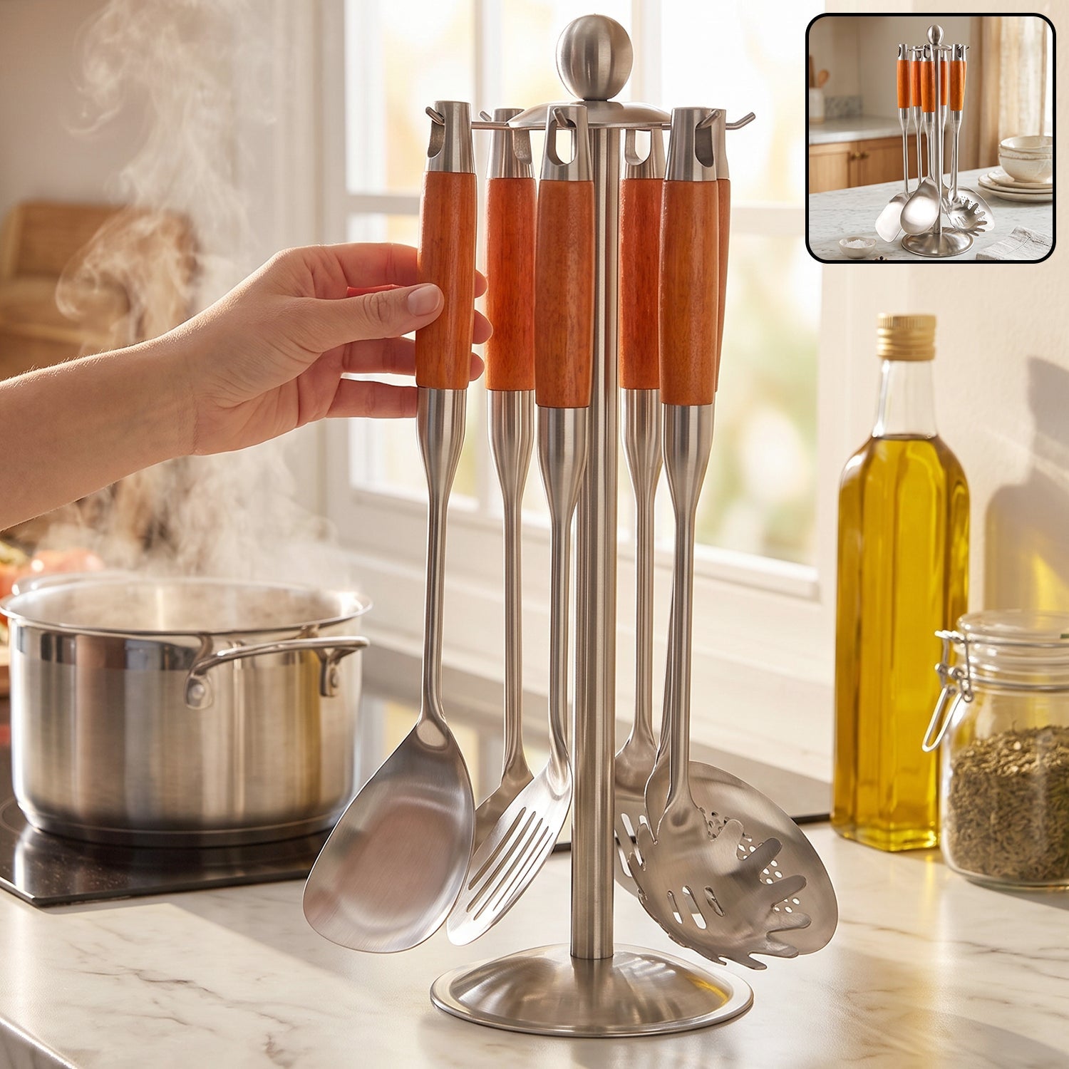 7 In 1 Stainless Steel Kitchen Tool Set With Wooden Handles And Stand (1 Set)