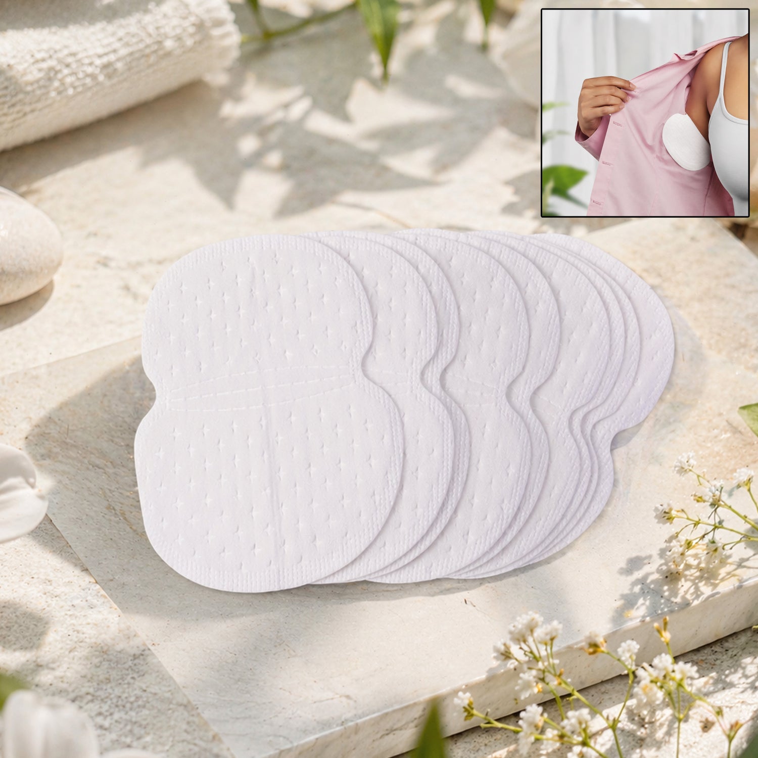 Wukusy underarm sweat pads, 10-piece pack, showing discreet absorbent pads designed for underarm sweat and odor control.