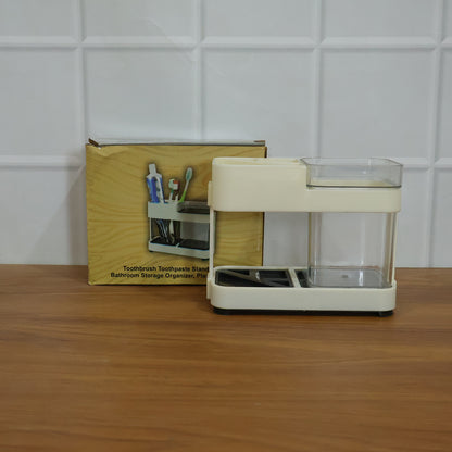 Wukusy multipurpose toothbrush and toothpaste stand holder set on bathroom countertop with toothbrushes and toothpaste dispensers
