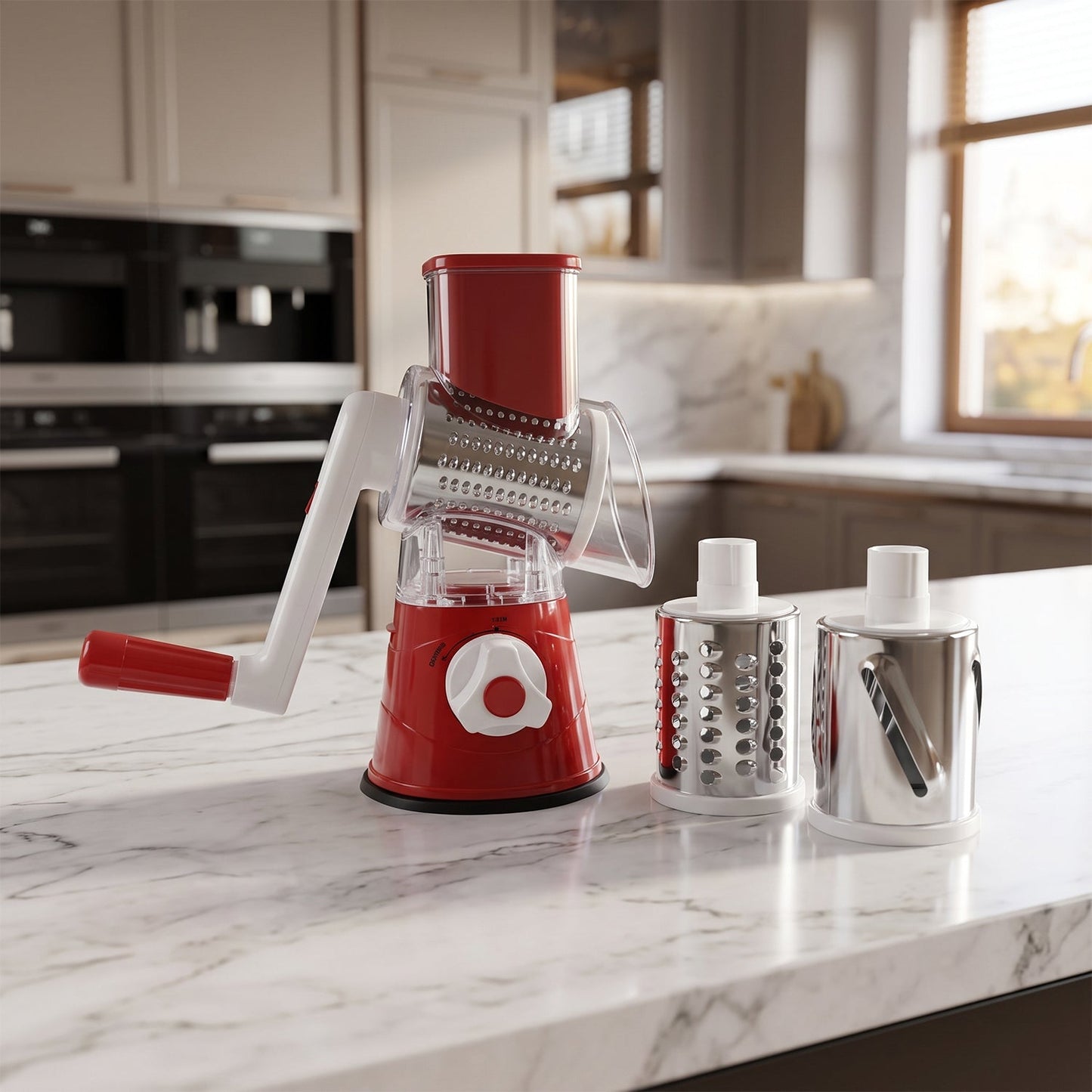 Wukusy manual rotary drum grater and slicer set with three stainless steel drums for vegetable grating and slicing.