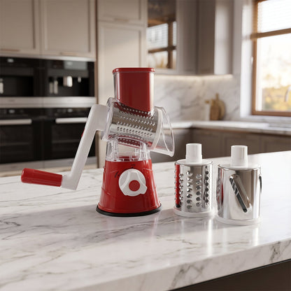 Wukusy manual rotary drum grater and slicer set with three stainless steel drums for vegetable grating and slicing.