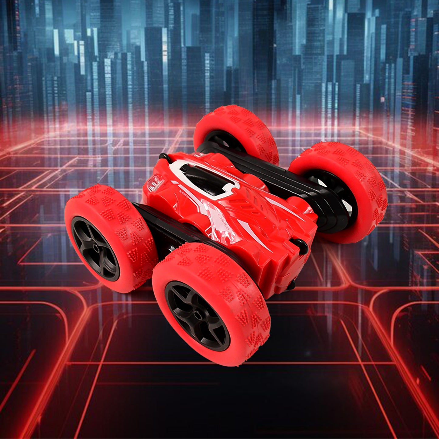 Wukusy remote control stunt car set featuring a double-sided fast toy car performing flips and stunts on a smooth surface.