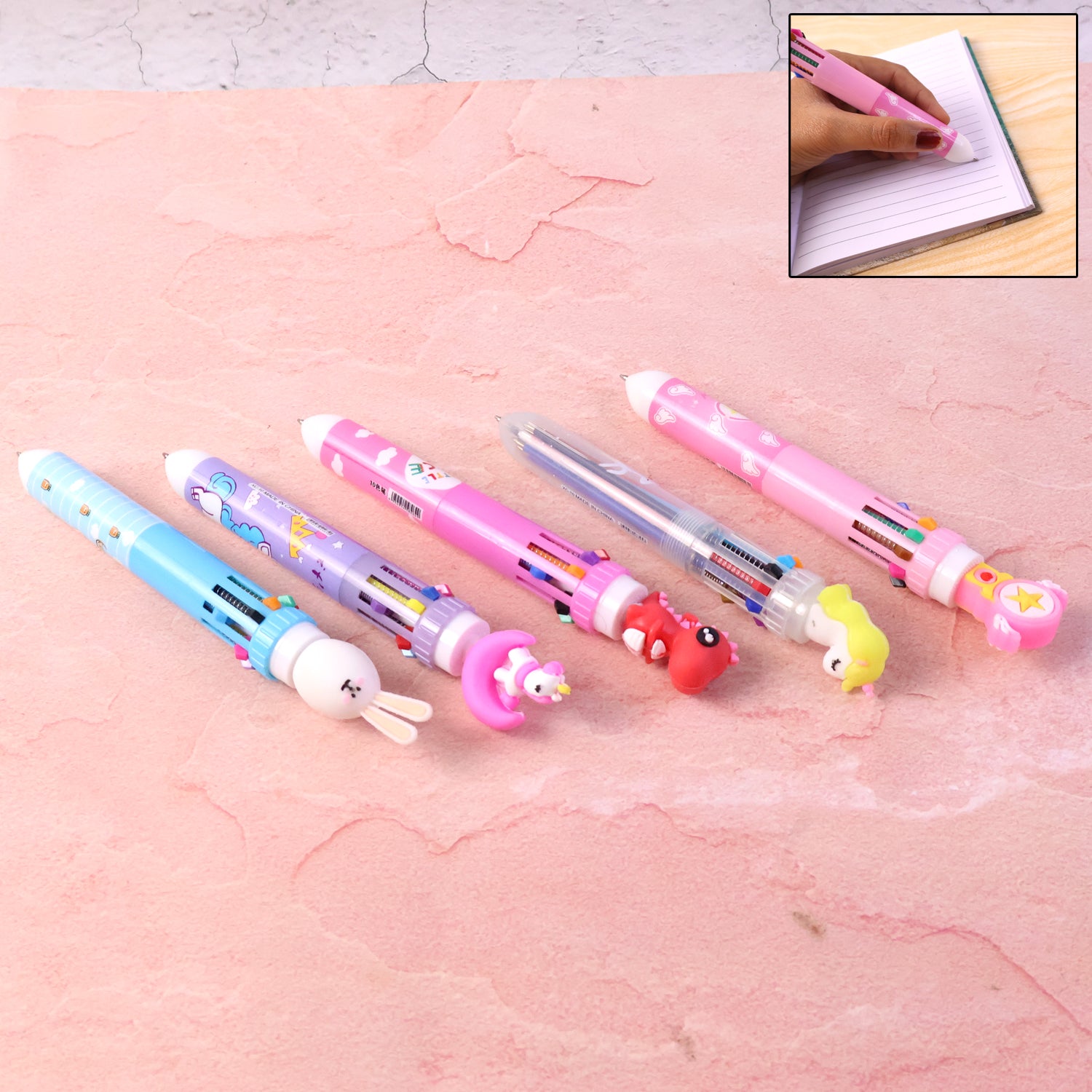 Multicolor Wukusy 10-in-1 character design ball pen with cute cartoon illustrations and multiple ink colors.