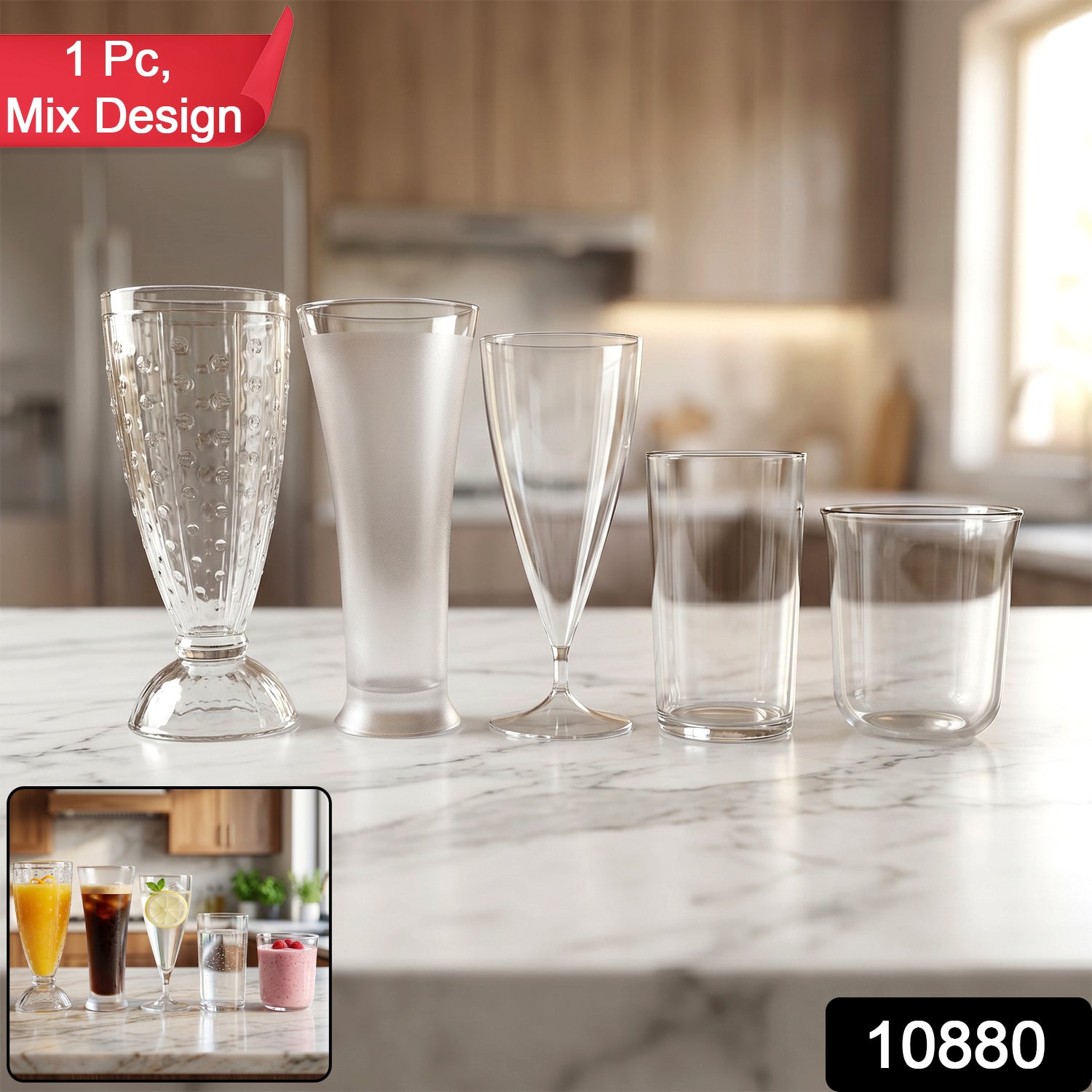 Clear plastic drinking glass by Wukusy with a mix of colorful geometric designs, unbreakable and durable for everyday use.