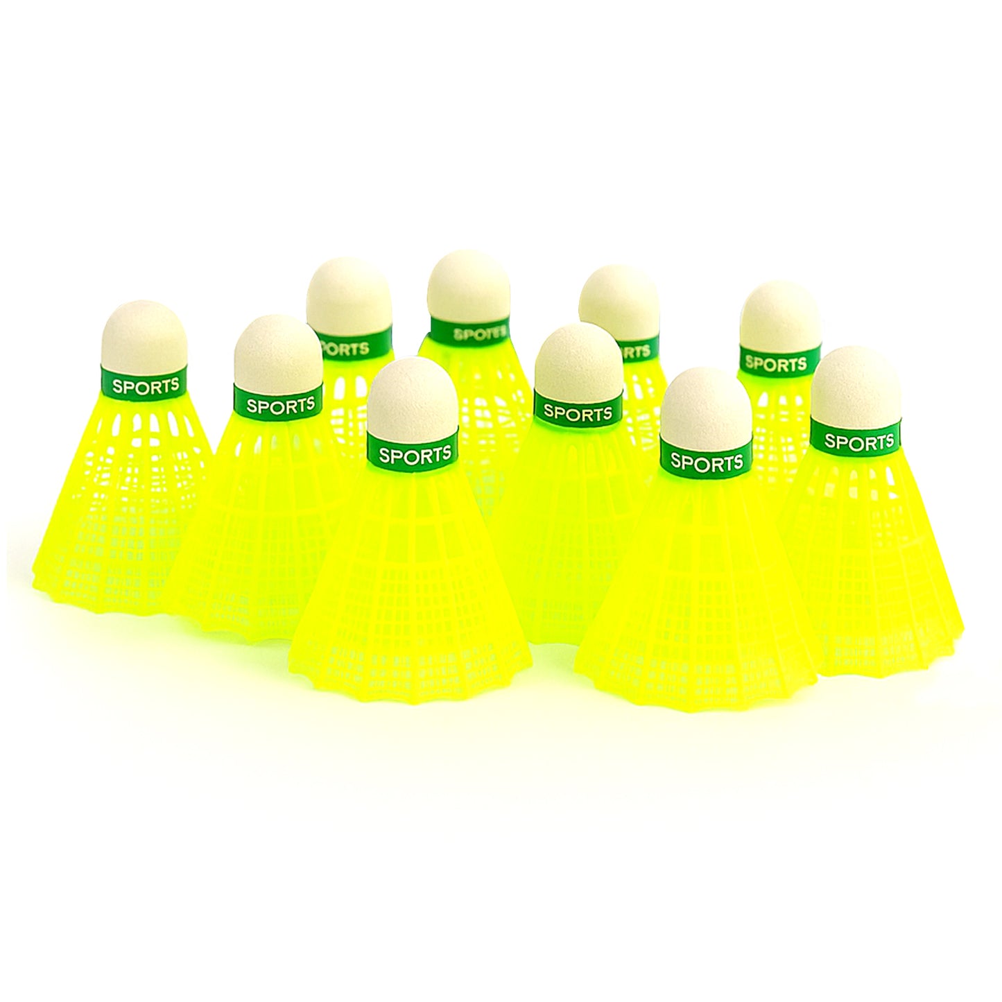 Set of 10 premium plastic badminton shuttlecocks by Wukusy, showing lightweight, durable design suitable for sports and practice.