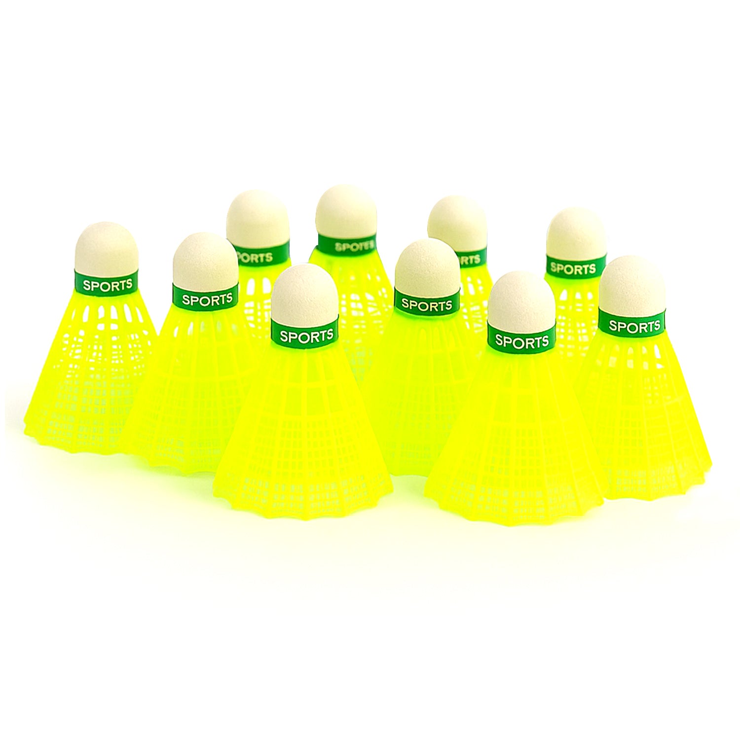 Set of 10 premium plastic badminton shuttlecocks by Wukusy, showing lightweight, durable design suitable for sports and practice.