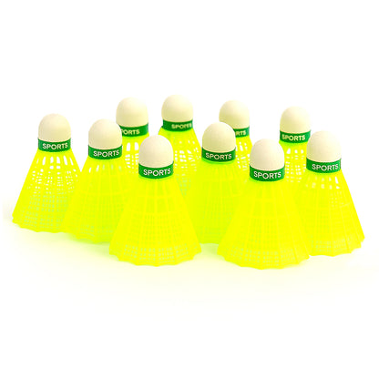 Set of 10 premium plastic badminton shuttlecocks by Wukusy, showing lightweight, durable design suitable for sports and practice.